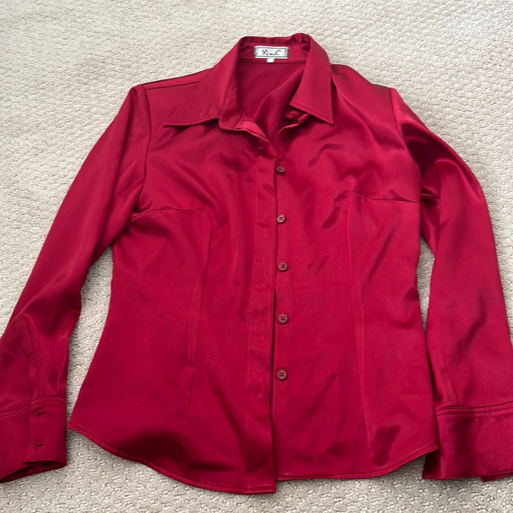 Deep Red Silk Satin Boutique Blouse with Padded Shoulders